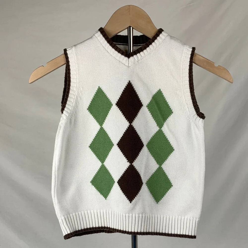The Children's Place White and Green Argyle Vest Kids Size 5/6 Preppy Fall